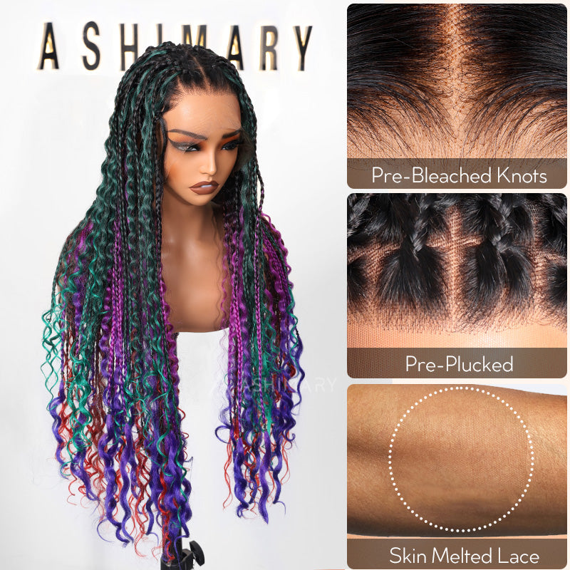 Rainbow Boho Curls Knotless Braided Wig Full Lace Frontal Multicolor Ombre Lightweight & Pre-Styled - Image 2