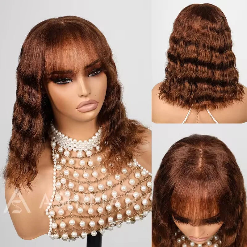 Ginger Brown 4x4 Lace Closure Loose Deep Wave Wig With Bangs - Image 7