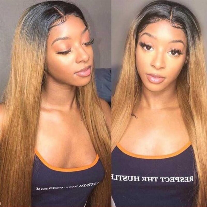 Ombre Honey Blonde T1b/27 Color Straight Hair 13x4 Lace Front Pre-plucked Human Hair Wigs - Image 3