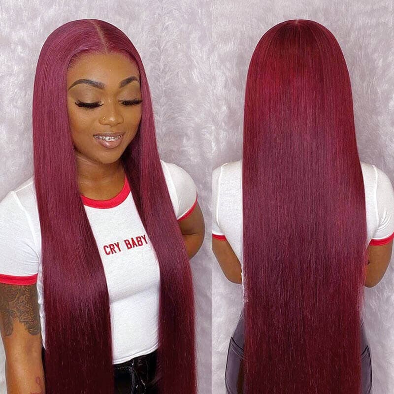 99J Burgundy Straight 4x4 5x5 6x6 Glueless Lace Closure Wig Ashimary Virgin Hair - Image 4