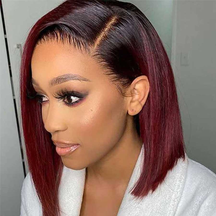 Blunt Cut Bob Burgundy 99J Color Straight Hair Double Drawn Wig High Density - Image 4