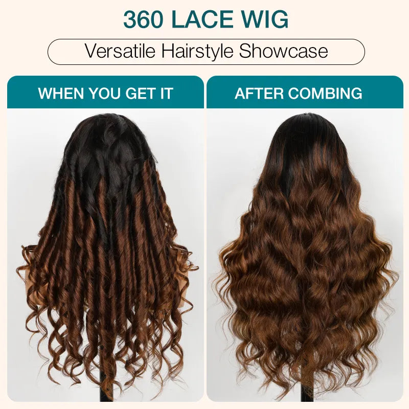BOGO 360 Lace Frontal with Invisi Strap 3D Bouncy Body Wave Black Ombre Brown Highlight Pre Plucked Wig - Image 10
