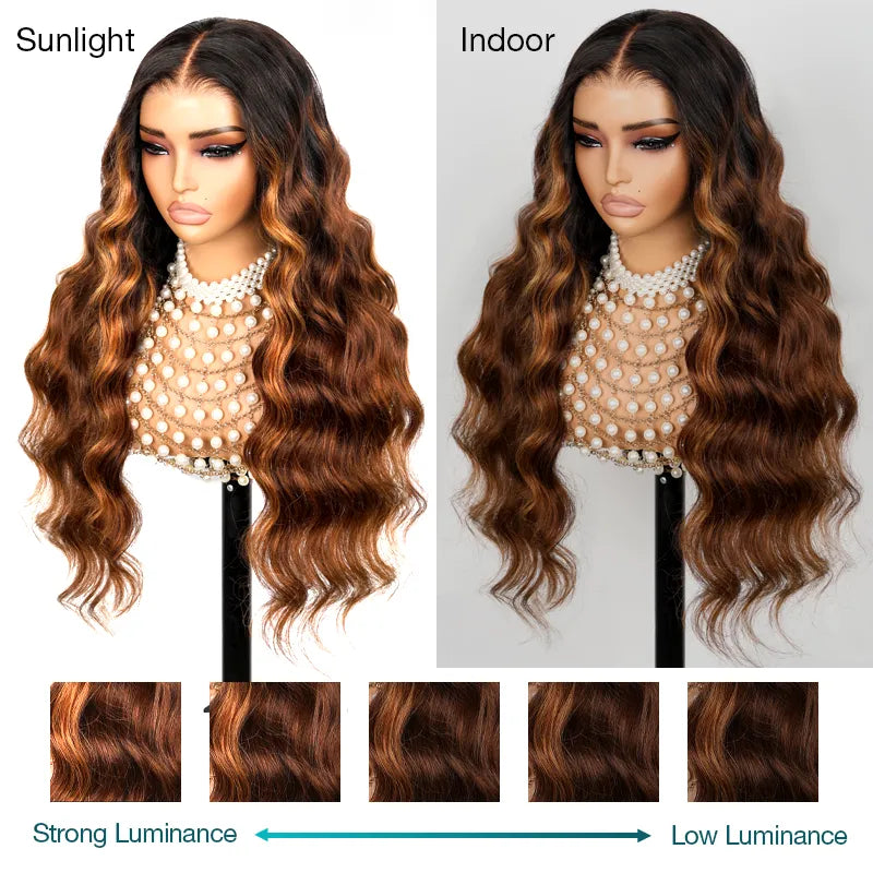 BOGO 360 Lace Frontal with Invisi Strap 3D Bouncy Body Wave Black Ombre Brown Highlight Pre Plucked Wig - Image 15