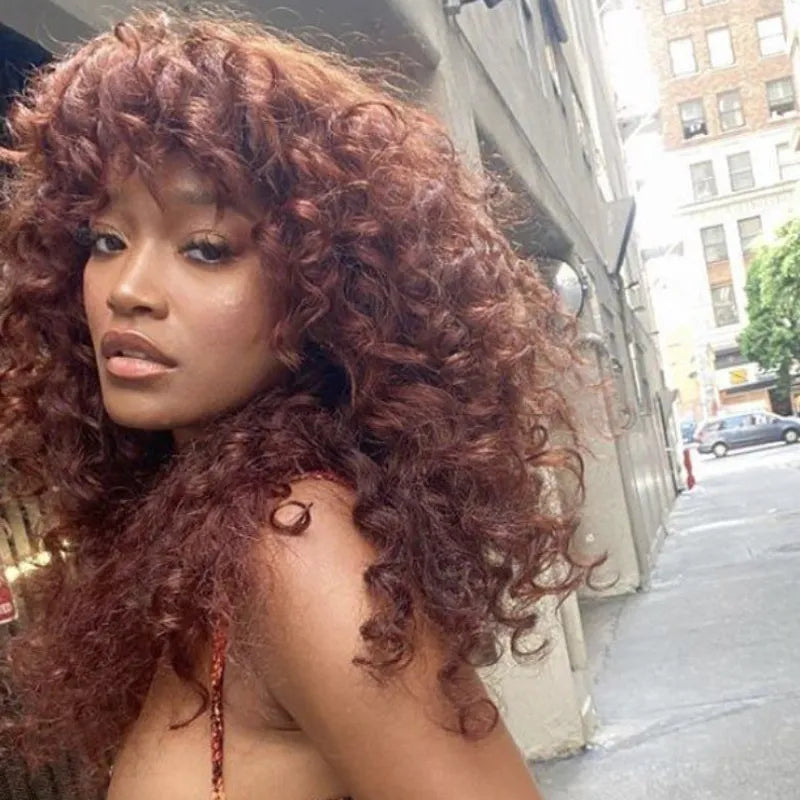 Reddish Brown Curly Wig with Full Bangs Machine Made Cost-effective Human Hair Wig 250% Density - Image 2