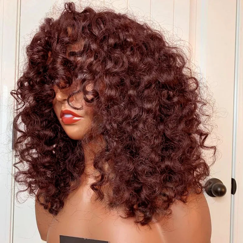 Reddish Brown Curly Wig with Full Bangs Machine Made Cost-effective Human Hair Wig 250% Density - Image 3