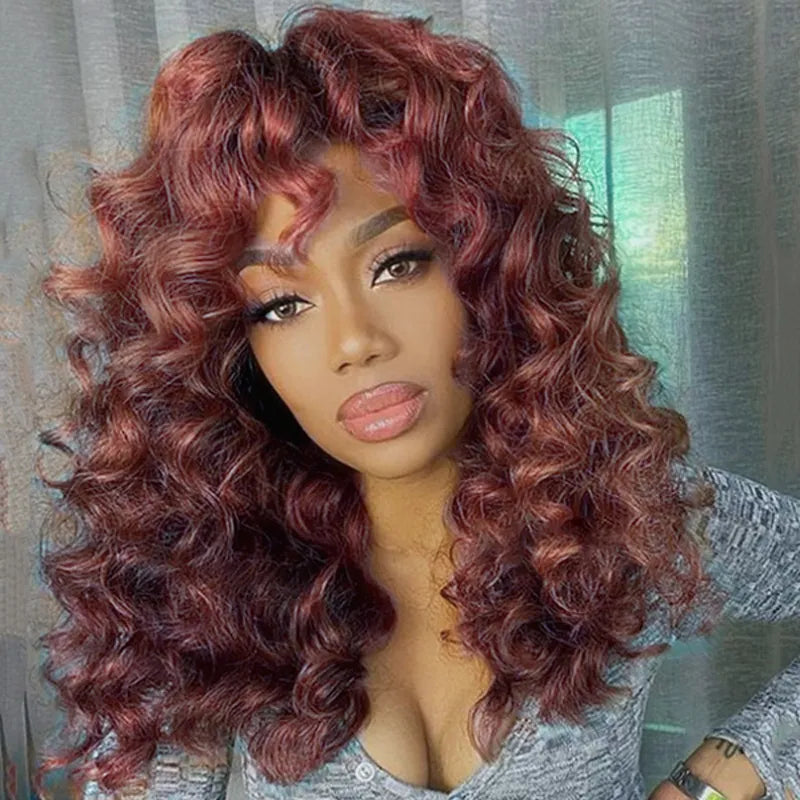 Reddish Brown Curly Wig with Full Bangs Machine Made Cost-effective Human Hair Wig 250% Density - Image 5
