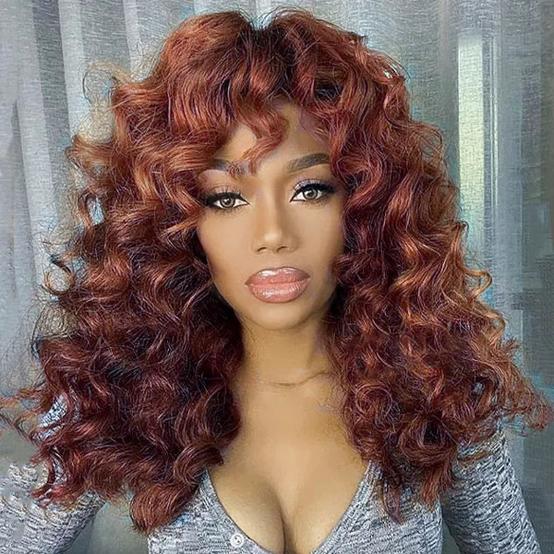Reddish Brown Curly Wig with Full Bangs Machine Made Cost-effective Human Hair Wig 250% Density - Image 7