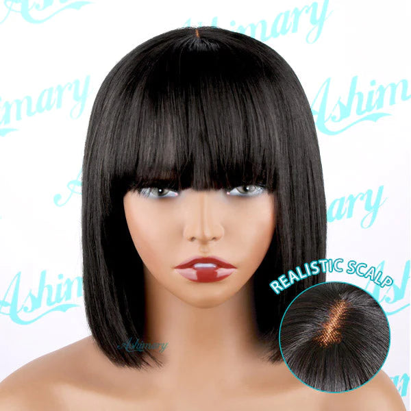 Flash Sale Realistic Look Pull Go Glueless Bob Wig With Bangs Human Hair Wig - Image 14