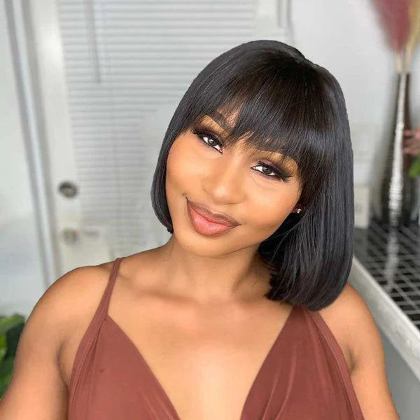 Flash Sale Realistic Look Pull Go Glueless Bob Wig With Bangs Human Hair Wig - Image 7