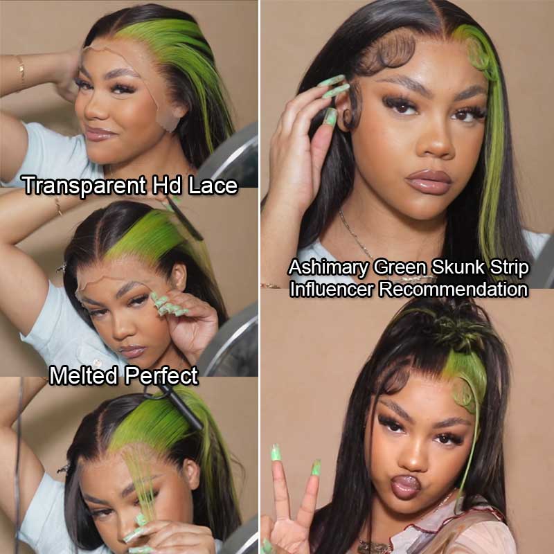 Green Color Highlight Lace Wigs Skunk Stripe Hair 4*4 13*4 Lace Front Wig 180% Straight Brazilian Human Hair - Image 2