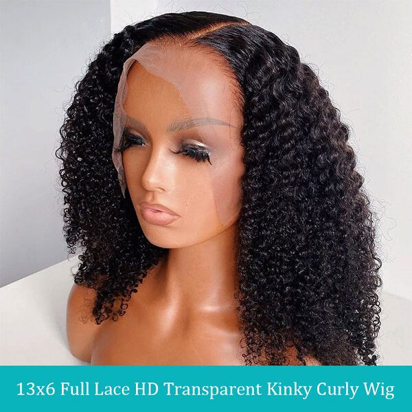 Pull Go 13x6 Full Glueless Lace Wig Transparent Lace Kinky Curly Wig Natural Black Color - Image 4