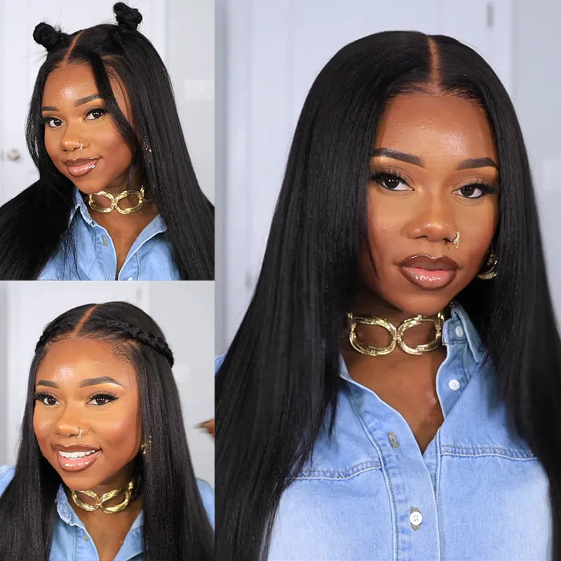 Ashimary 13x4 Glueless Transparent Lace Black Yaki Straight Silk Press Wig