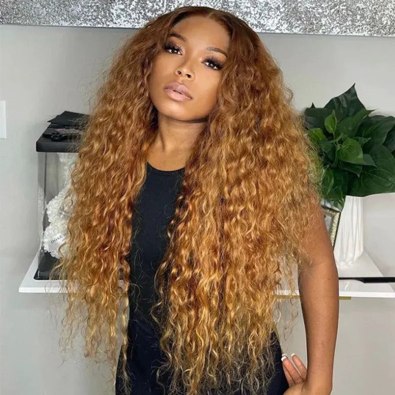 Water Wave Invisi Strap 360 Skin Lace Frontal Ombre Honey Blonde Wig With Chocolate Dark Roots Pre Everything Glueless Wig - Image 2