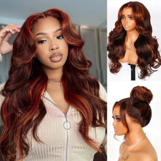 Salon Layer Cut Ginger Highlights On Brown Hair 360 Lace Frontal Invisi Strap Skin Lace InvisiDrawstring Snug Fit Body Wave Human Hair Wig