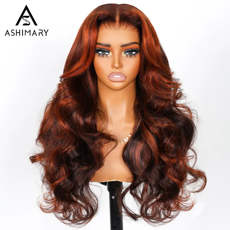 Salon Layer Cut Ginger Highlights On Brown Hair 360 Lace Frontal Invisi Strap Skin Lace InvisiDrawstring Snug Fit Body Wave Human Hair Wig - Image 13