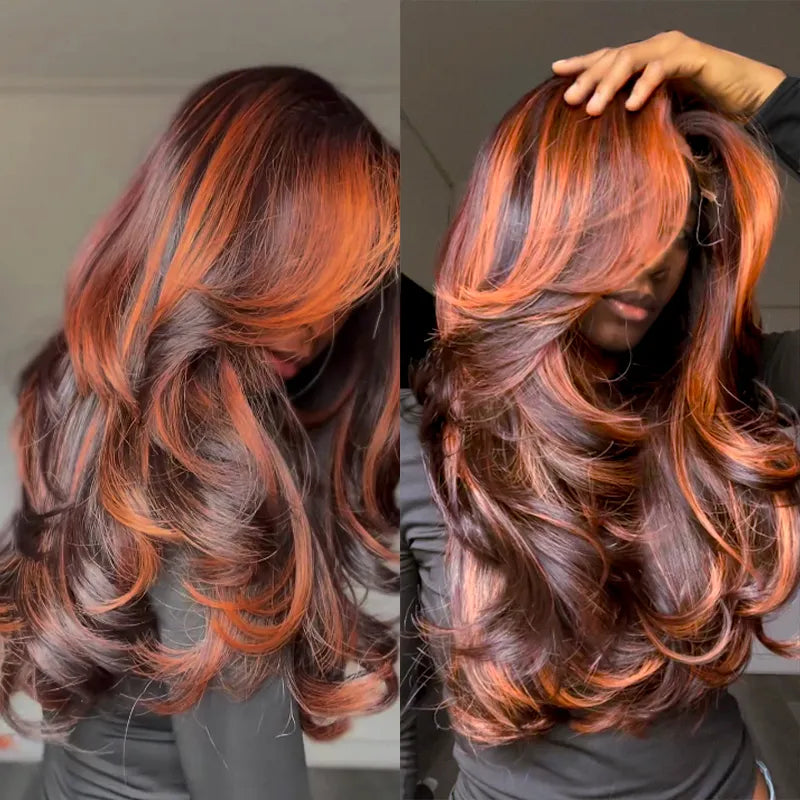 Salon Layer Cut Ginger Highlights On Brown Hair 360 Lace Frontal Invisi Strap Skin Lace InvisiDrawstring Snug Fit Body Wave Human Hair Wig - Image 12