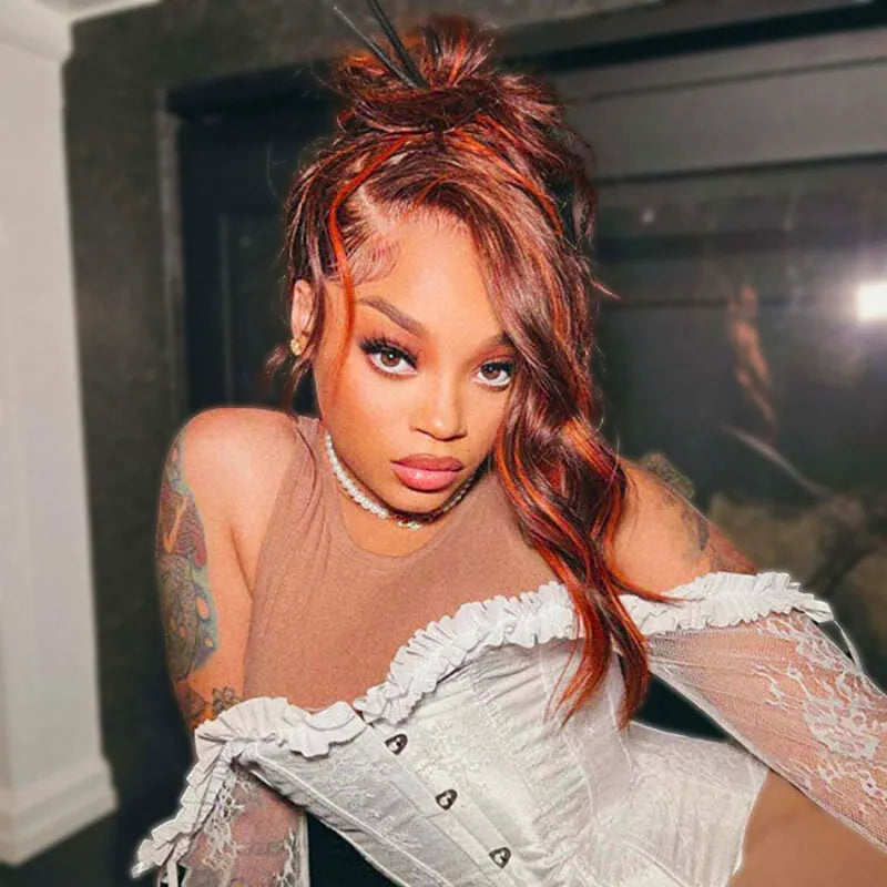 Salon Layer Cut Ginger Highlights On Brown Hair 360 Lace Frontal Invisi Strap Skin Lace InvisiDrawstring Snug Fit Body Wave Human Hair Wig - Image 4