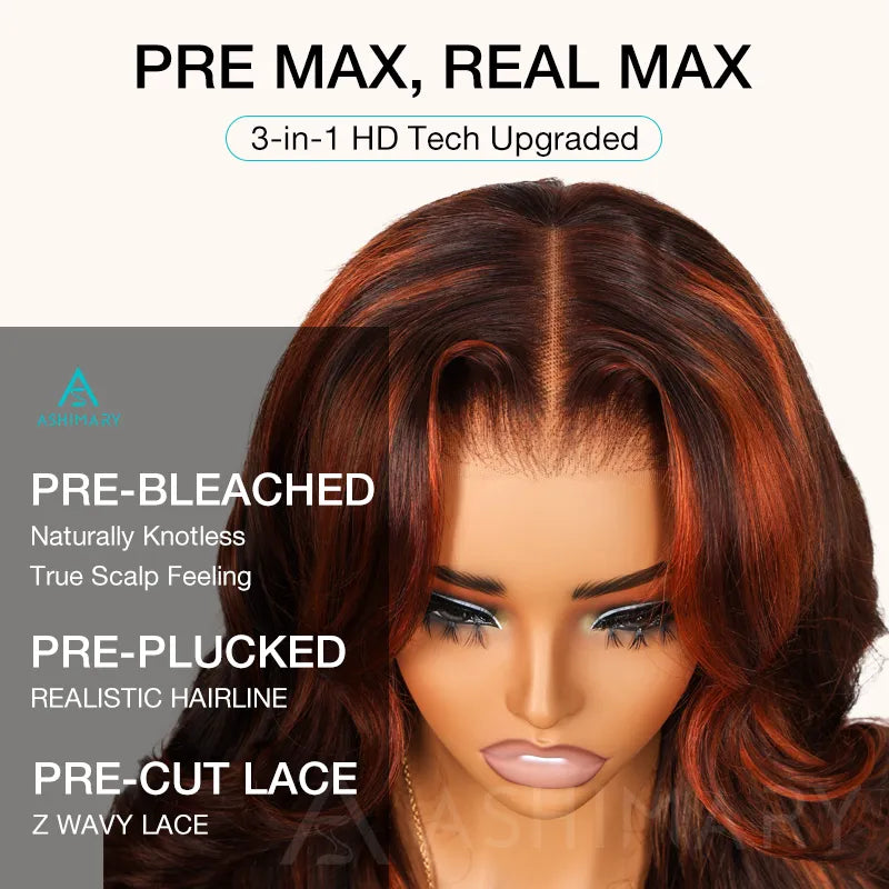 Salon Layer Cut Ginger Highlights On Brown Hair 360 Lace Frontal Invisi Strap Skin Lace InvisiDrawstring Snug Fit Body Wave Human Hair Wig - Image 6