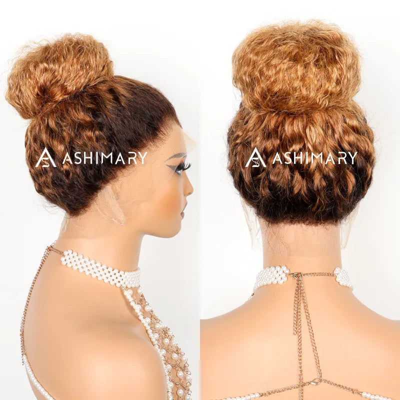 Water Wave Invisi Strap 360 Skin Lace Frontal Ombre Honey Blonde Wig With Chocolate Dark Roots Pre Everything Glueless Wig - Image 10