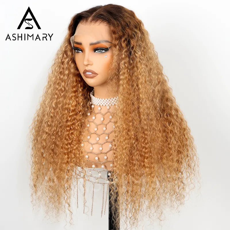 Water Wave Invisi Strap 360 Skin Lace Frontal Ombre Honey Blonde Wig With Chocolate Dark Roots Pre Everything Glueless Wig - Image 3