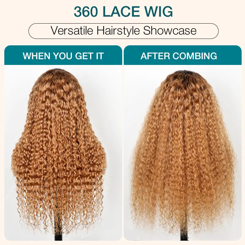 Water Wave Invisi Strap 360 Skin Lace Frontal Ombre Honey Blonde Wig With Chocolate Dark Roots Pre Everything Glueless Wig - Image 8