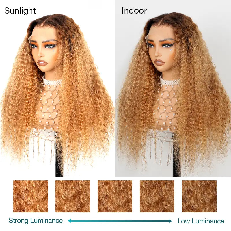 Water Wave Invisi Strap 360 Skin Lace Frontal Ombre Honey Blonde Wig With Chocolate Dark Roots Pre Everything Glueless Wig - Image 9
