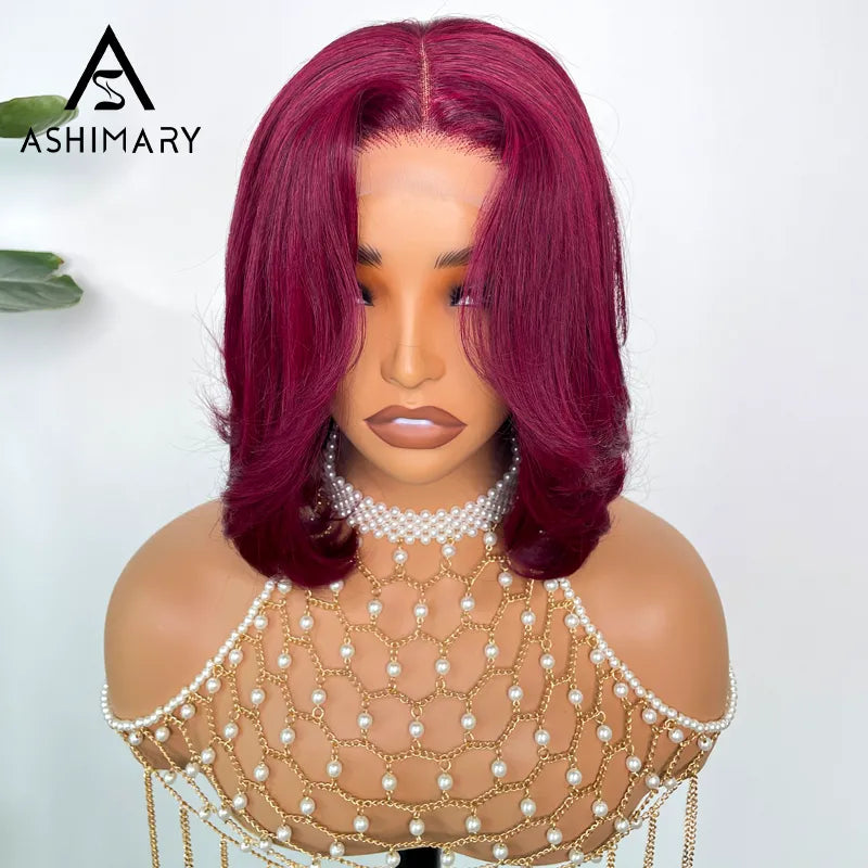 99J Burgundy Face Framing Blow Out Layers Cut Shoulder Length 4x4 Lace Frontal Straight Bob Wig Human Hair - Image 4