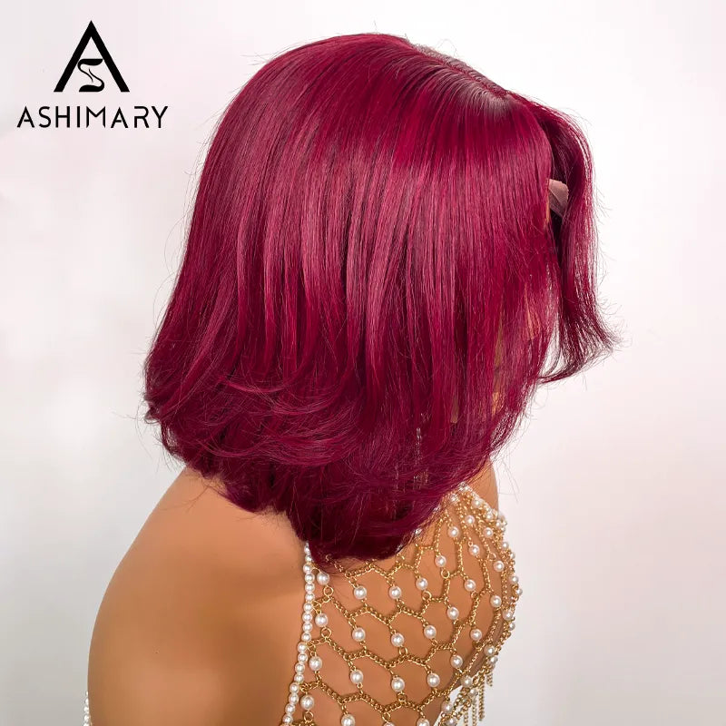 99J Burgundy Face Framing Blow Out Layers Cut Shoulder Length 4x4 Lace Frontal Straight Bob Wig Human Hair - Image 3
