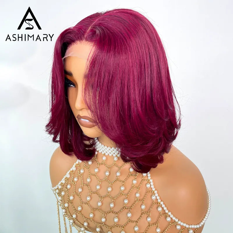 99J Burgundy Face Framing Blow Out Layers Cut Shoulder Length 4x4 Lace Frontal Straight Bob Wig Human Hair - Image 2