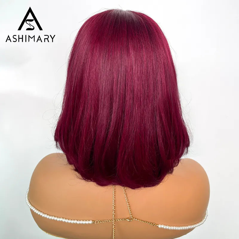 99J Burgundy Face Framing Blow Out Layers Cut Shoulder Length 4x4 Lace Frontal Straight Bob Wig Human Hair - Image 5