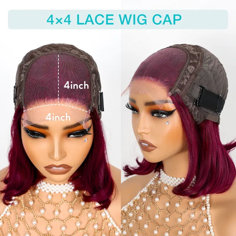 99J Burgundy Face Framing Blow Out Layers Cut Shoulder Length 4x4 Lace Frontal Straight Bob Wig Human Hair - Image 6