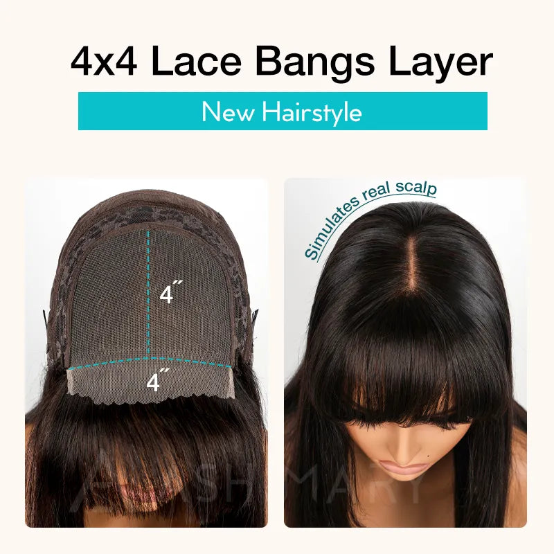 Layered Cut with Bangs 4x4 Transparent Lace Closure Wig Straight Human Hair 180% Density - Image 7