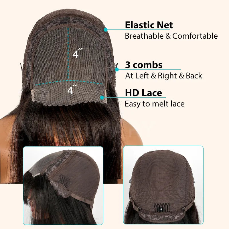 Layered Cut with Bangs 4x4 Transparent Lace Closure Wig Straight Human Hair 180% Density - Image 8