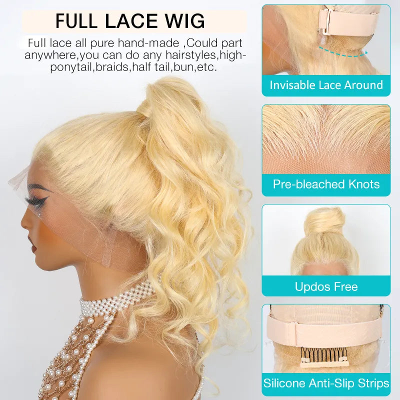 Ashimary Blonde Full Lace Frontal with Invisi-Strap™ Parting Max Skin Melt Lace 613 Colored Body Wave Human Hair Wig - Image 3