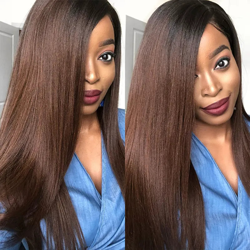Yaki Straight Pull Go 13x6 Full Wig Transparent Lace Frontal Black to Brown Ombre Human Hair Wig Parting Max Glueless Wig - Image 2