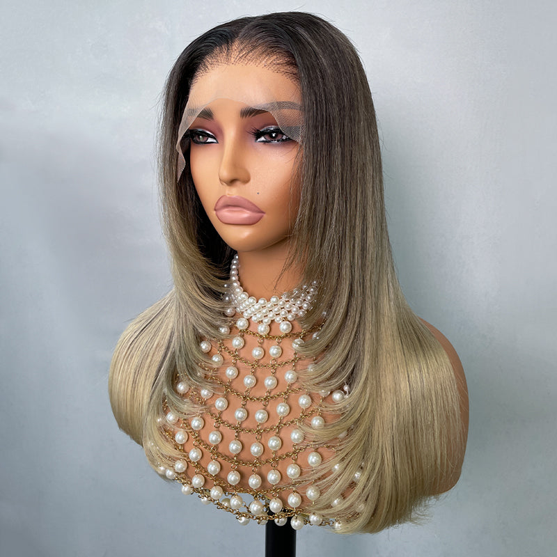 Straight Blonde Balayage with Dark Roots 13x4 Transparent Lace Frontal Clean Bleached & Pre-Plucked Wig Customized Color for Black Women - Image 6