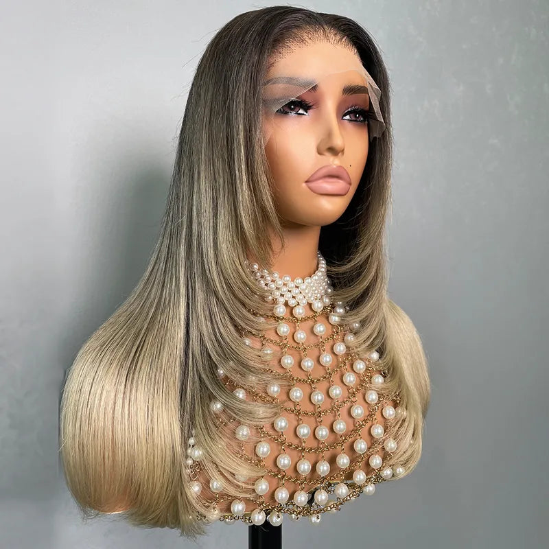 Straight Blonde Balayage with Dark Roots 13x4 Transparent Lace Frontal Clean Bleached & Pre-Plucked Wig Customized Color for Black Women - Image 3