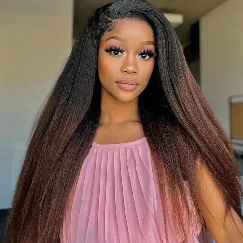 Black to Brown Ombre Yaki Straight 360 Skin Lace Frontal Invisi Strap Pre Everything Glueless Long Wig - Image 3