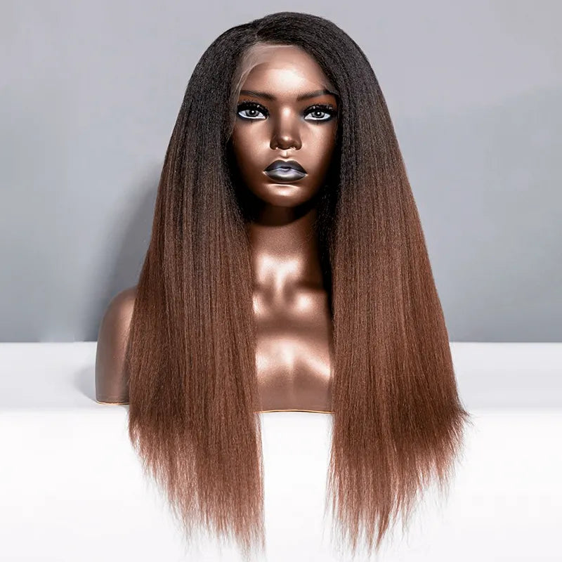 Black to Brown Ombre Yaki Straight 360 Skin Lace Frontal Invisi Strap Pre Everything Glueless Long Wig - Image 8