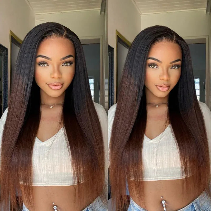 Black to Brown Ombre Yaki Straight 360 Skin Lace Frontal Invisi Strap Pre Everything Glueless Long Wig - Image 2
