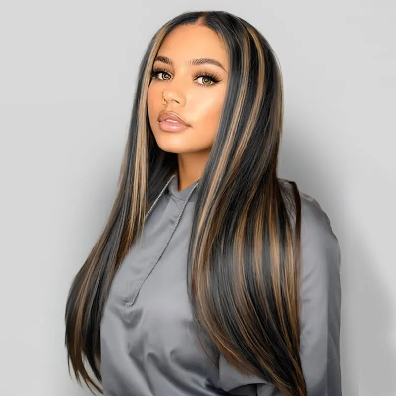 Ashimary Pull Go 13x6 Full Wig Honey Blonde Highlights on Black Hair Transparent Lace Frontal Pre Everything Glueless Human Hair Wig - Image 14