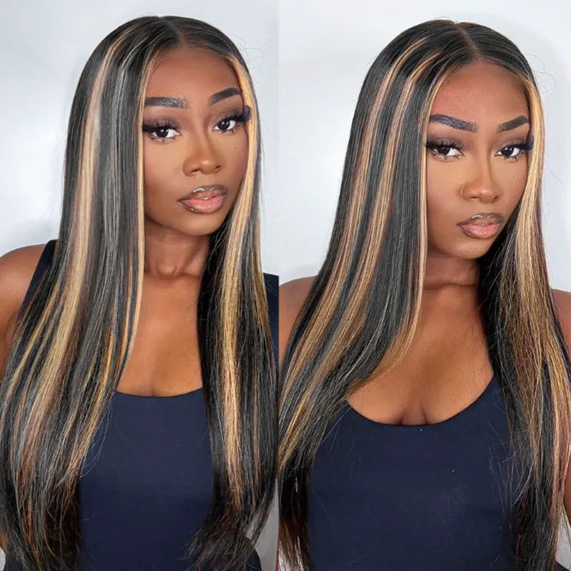 Ashimary Pull Go 13x6 Full Wig Honey Blonde Highlights on Black Hair Transparent Lace Frontal Pre Everything Glueless Human Hair Wig - Image 3