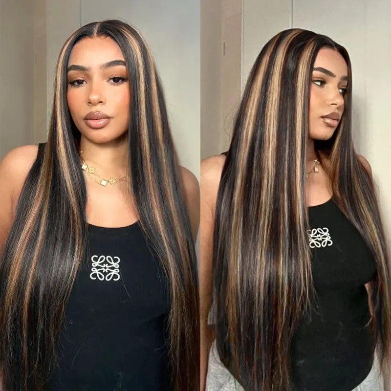 Ashimary Pull Go 13x6 Full Wig Honey Blonde Highlights on Black Hair Transparent Lace Frontal Pre Everything Glueless Human Hair Wig - Image 6