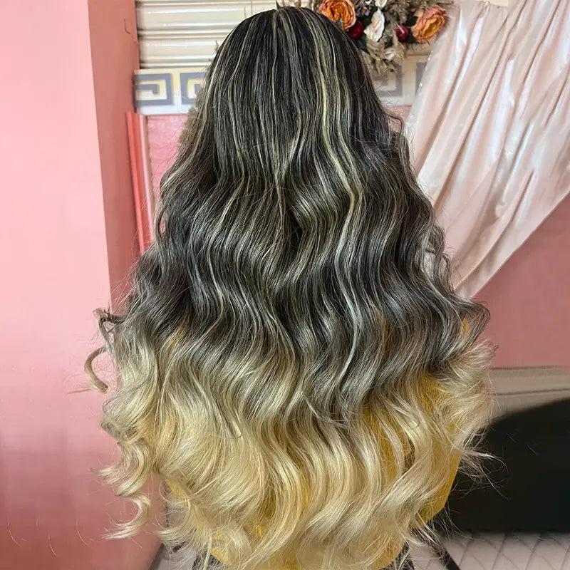 Blonde Balayage with Dark Roots Body Wave Customized Color for Black Women 13x4 Transparent Lace Frontal Human Hair Wig - Image 4