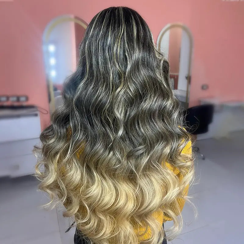 Blonde Balayage with Dark Roots Body Wave Customized Color for Black Women 13x4 Transparent Lace Frontal Human Hair Wig - Image 5