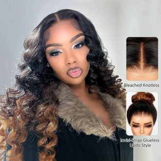 Black Brown Honey Blonde Ombre 360 Skin Lace Frontal with Invisi Strap Bouncy 3D Body Wave Pre Bleached Human Hair Wig