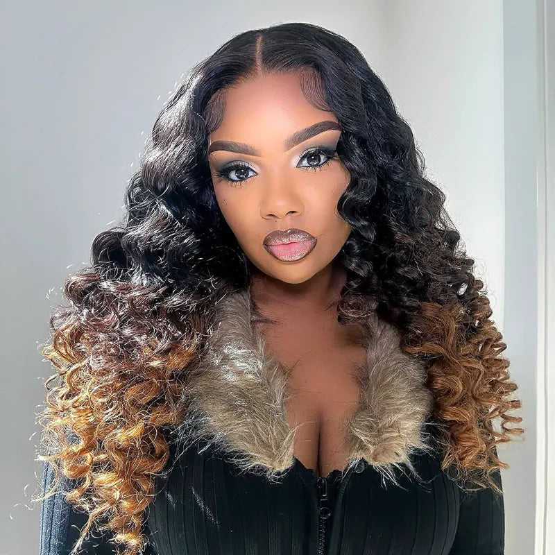 Black Brown Honey Blonde Ombre 360 Skin Lace Frontal with Invisi Strap Bouncy 3D Body Wave Pre Bleached Human Hair Wig - Image 2