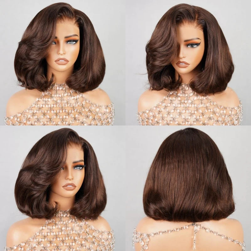 Pre Styled Salon Hairstyles #4 Chocolate Brown 6x4.5 Lace Closure Bob Wig Human Hair - Image 5