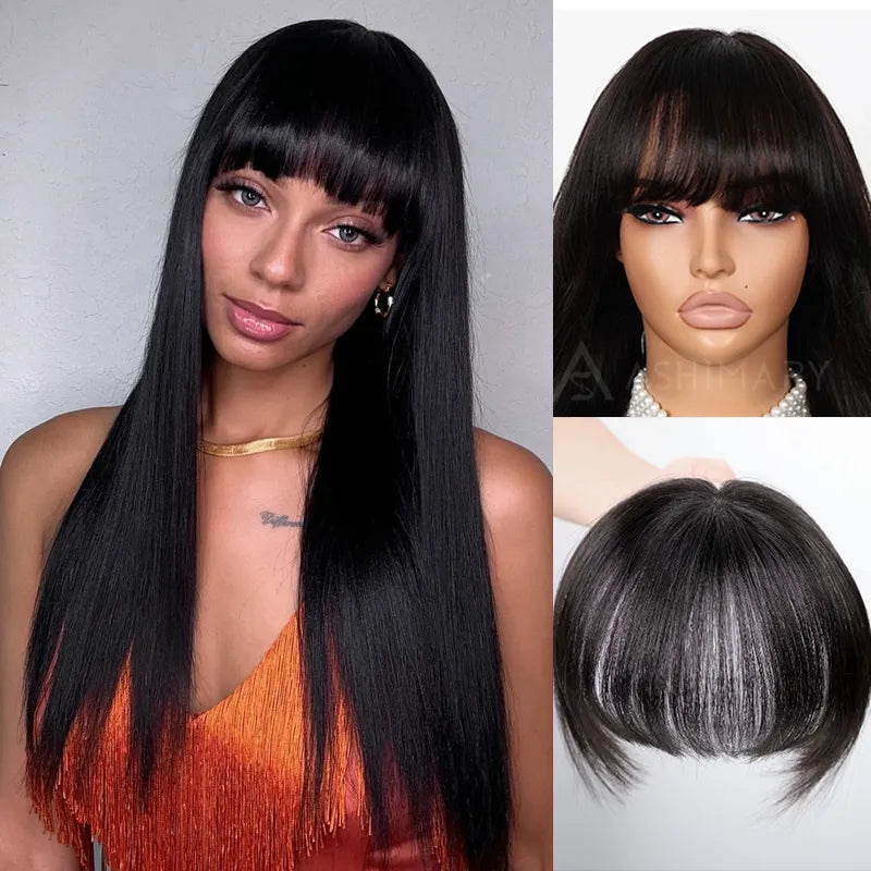 Ashimary Clip In Bang with Temples Hand-Tied Melt Lace Natural Black Straight Human Hair Extension - Image 3