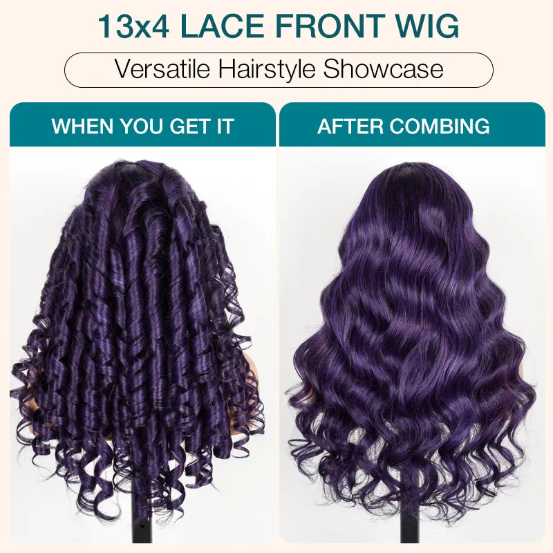 Dark Purple 3D Body Wave 13x4 Transparent Lace Frontal Wig Pre Plucked & Pre Curled Human Hair Wig - Image 5